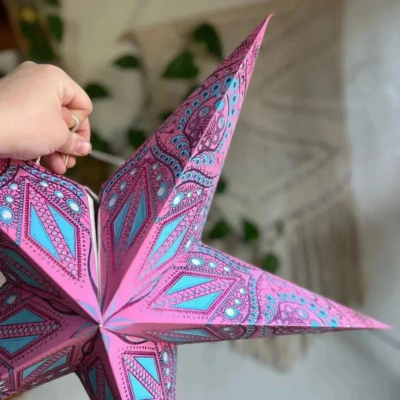 20” Pink Paper Star Lantern | Boho Hanging Light Décor christmas holiday - Picture 4 of 8